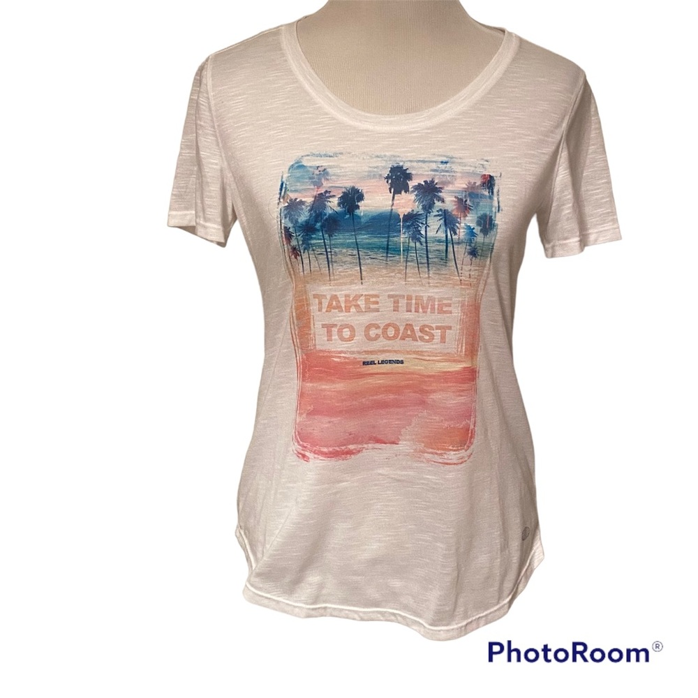 REEL LEGENDS TOP TEE SHORT SLEEVE WHITE TAKE TIME TO COAST PALM TREES SIZE S